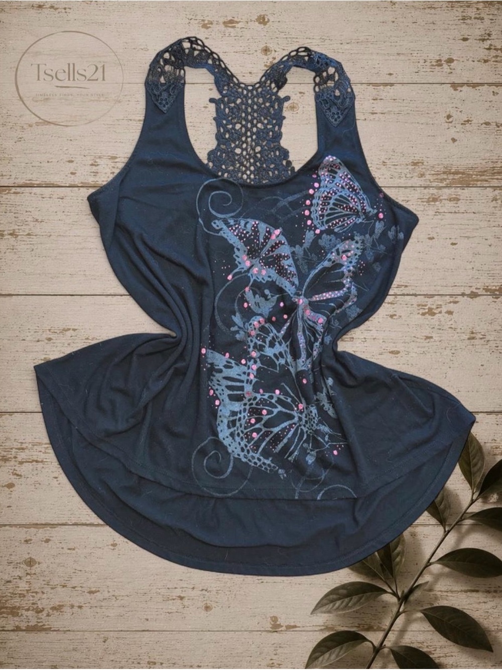 Hybrid Vintage Y2K Black Butterfly Sparkle Lace Racerback Tank Top - Size L